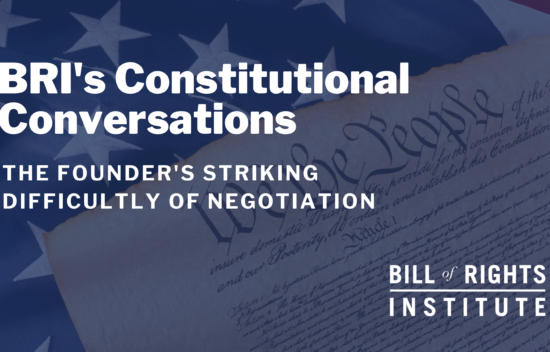 Text on a background of an American flag, discussing founders' negotiation challenges in constitutional matters.