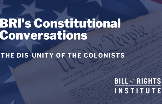 Text on a background featuring the U.S. flag and a historical document about colonial disunity.