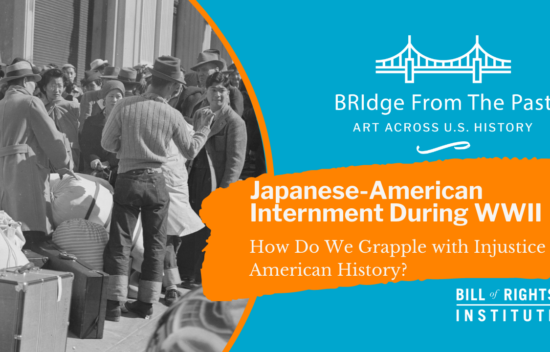 Black and white photo of crowds during Japanese-American internment with text about grappling with injustice in history.