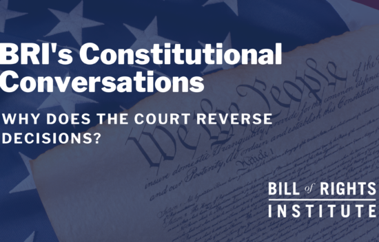 Text overlay on a background of an American flag, featuring the U.S. Constitution and the title of a discussion series.