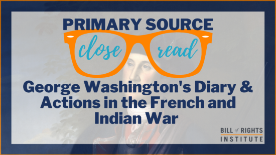 Text overlay featuring "Primary Source" and "close read" with an illustration of George Washington in the background.