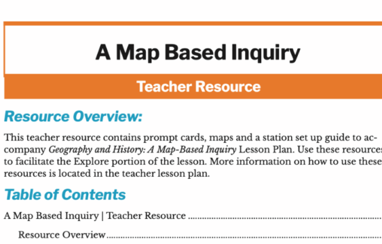 A document titled "A Map Based Inquiry Teacher Resource" with sections on resource overview and table of contents.