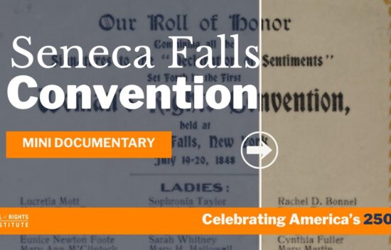 Poster for the Seneca Falls Convention mini documentary, featuring historical details and event dates.