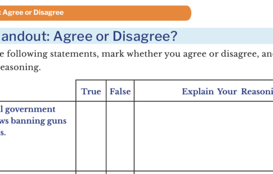 A handout titled "Engage Handout: Agree or Disagree?" with prompts for responses and explanations.