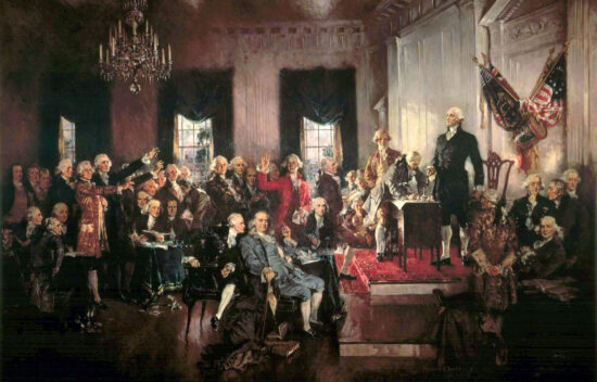 A historical painting depicting the signing of the United States Constitution with various founding figures present.