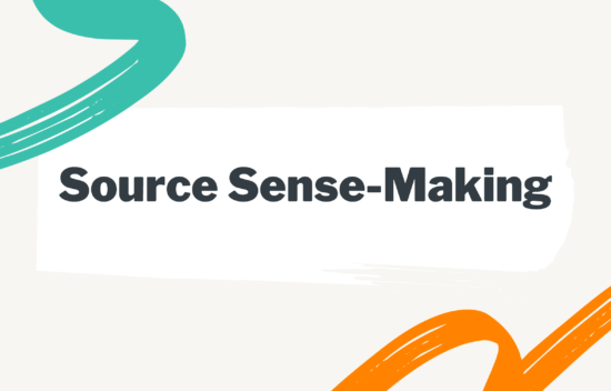 Text graphic displaying "Source Sense-Making" with colorful abstract lines in the background.