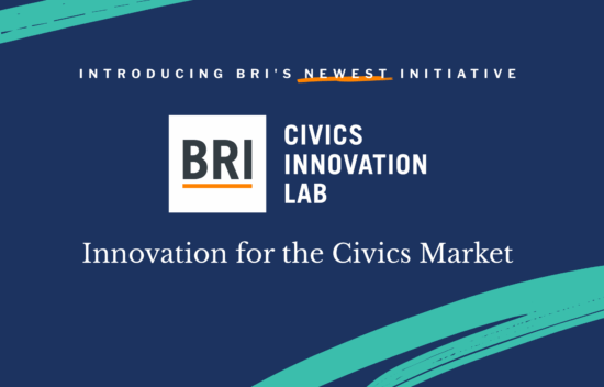 Graphic promoting BRI's Civics Innovation Lab initiative with text and logo on a blue background.