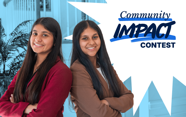 Two young women standing confidently, smiling, with "Community Impact Contest" text and a graphic burst behind them.