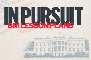 Text graphic featuring "IN PURSUIT" in bold black letters and "BRILESSON PLANS" in red, with a background of the White House.