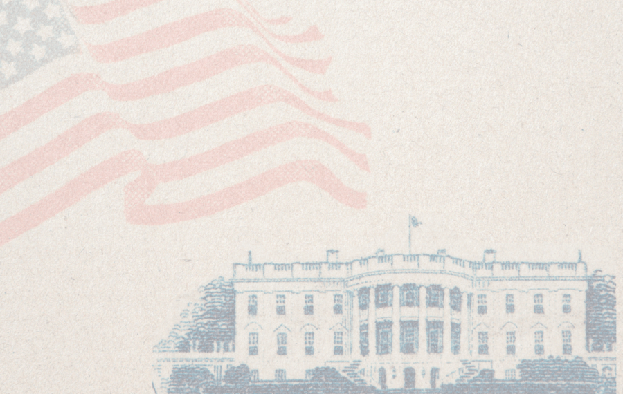 A blue illustration of the White House with a faded American flag in the background on textured paper.