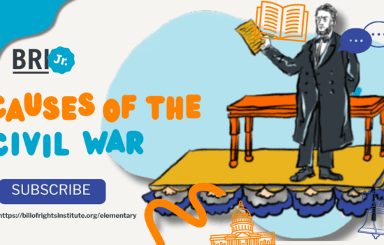 Illustration of a man giving a speech at a podium, titled "Causes of the Civil War," with decorative elements.