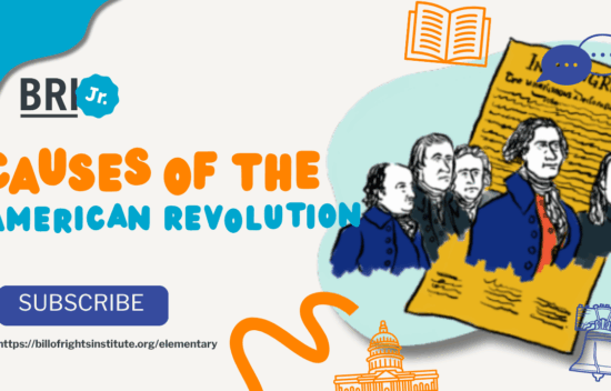 Illustration highlighting the causes of the American Revolution, featuring historical figures and text on a colorful background.