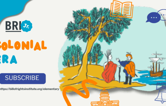 Illustration depicting a scene from the Colonial Era with trees, two figures, and a ship in the background.