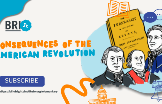 Illustration featuring three historical figures discussing the consequences of the American Revolution, with text and icons.