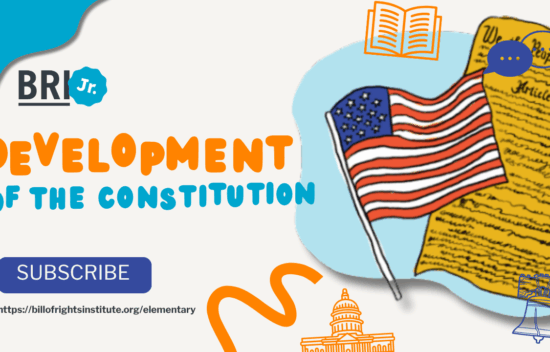 Graphic featuring a U.S. flag, the Constitution, and text about the development of the Constitution.