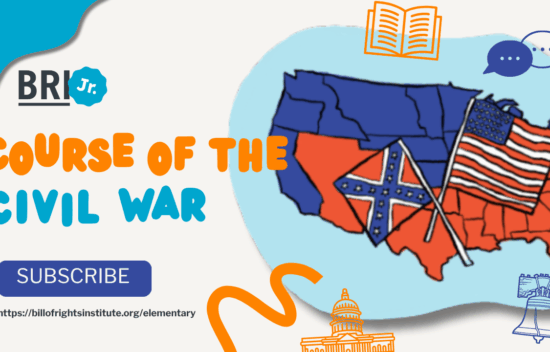 Map of the United States highlighting Civil War territories, featuring flags and educational icons.