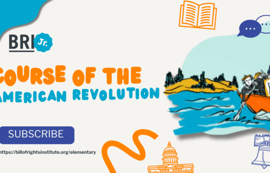 Illustration promoting a course on the American Revolution, featuring a boat and historical elements with a subscribe button.