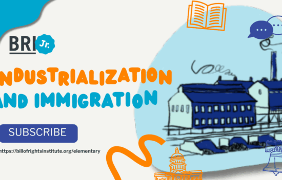 Illustration featuring text "Industrialization and Immigration" with a factory, books, and subscribe button.