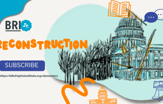 Graphic promoting "Reconstruction" with illustrations of a government building, text, and subscription details.