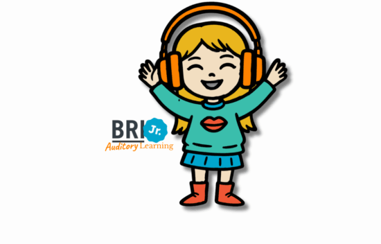 Cartoon girl with headphones, wearing a blue shirt with a heart, smiling and waving. Logo for BRI Jr. Auditory Learning included.