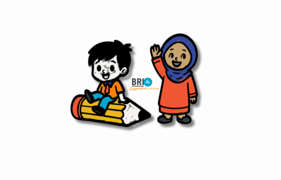 Two cartoon children: one sitting on a pencil and the other waving, both in colorful clothing.