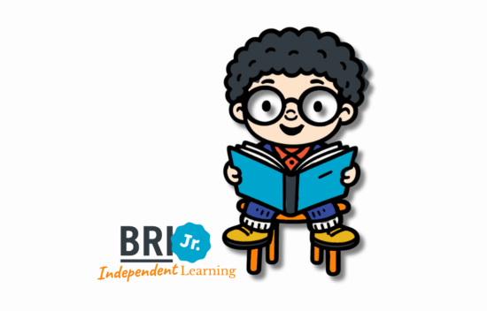 Cartoon character with curly hair reading a book while sitting on a stool, with "BRI Jr Independent Learning" logo.