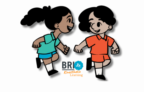 Two children, one in teal and one in orange, run and laugh together, with "BRJr Kinesthetic Learning" logo displayed.