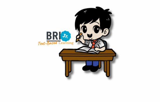 A cartoon character with a pen sits at a desk, working on a document, next to the logo "BRI Jr. Text-Based Learning."