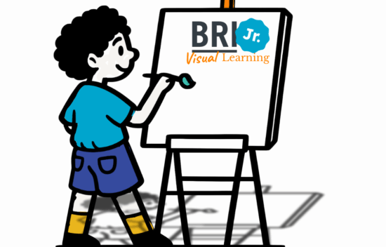 Child drawing on an easel with the text "BRI Jr. Visual Learning."