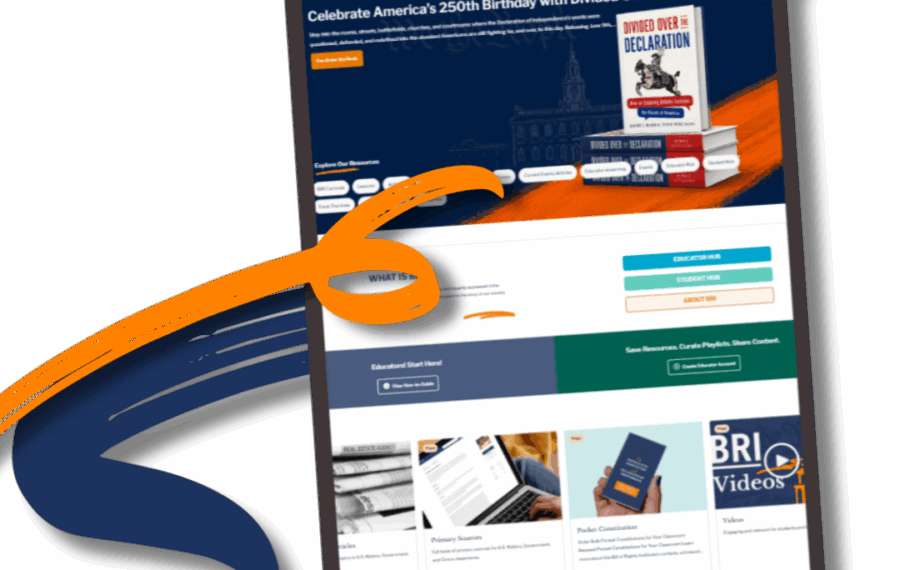 Tablet displaying a webpage celebrating America's 250th birthday with educational resources and a book cover.