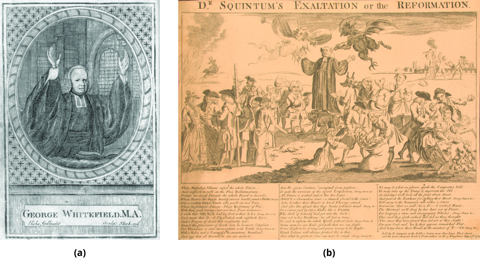 Illustration (a) shows George Whitefield preaching, with his hands raised and a neutral facial expression. Cartoon (b) shows George Whitefield preaching, again with his hands raised, surrounded by men and women; he is flanked from above by an angel on one side, a devil on the other. In the surrounding crowd, groups of men seem to be lecturing or harassing people; for example, in the far right corner two men are overturning the table of a woman, perhaps a vendor of some sort. The title reads Dr. Squintum's Exaltation or the Reformation.