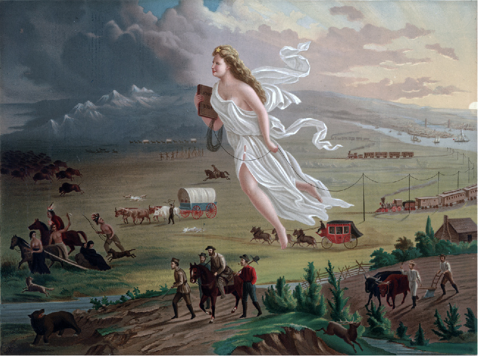 The painting shows a larger-than-life woman in the center with a star on her head and wearing a flowing white garment. She moves from the light-skied east to the dark west, leading white settlers who follow her either on foot or by stagecoach, horseback, Conestoga wagon, wagon train, or riding steam trains. She lays a telegraph wire with one hand and carries a school book in the other. As she moves westward, American Indians and a herd of buffalo are seen fleeing her and the settlers.