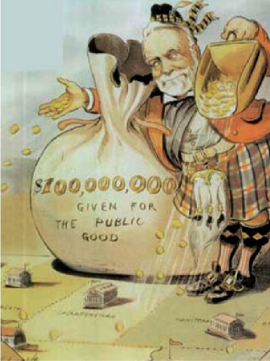 The cartoon shows Andrew Carnegie scooping money from a bag labeled $100,000,000 Given For the Public Good.