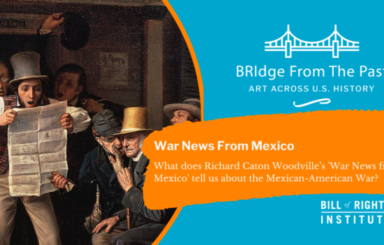 A historical painting showing a group of men reacting to news from Mexico, with a newspaper prominently displayed.