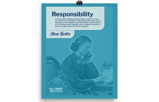 Poster featuring a historical figure, Clara Barton, with the word "Responsibility" and a teal background.