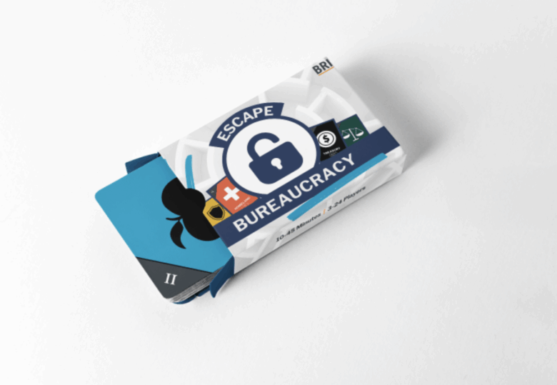 A board game box titled "Escape Bureaucracy" with cards and a lock graphic on a white background.
