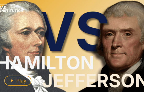 Image of Alexander Hamilton and Thomas Jefferson with "VS" text, promoting a feature about their historical rivalry.