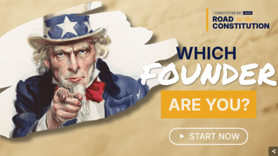 Illustration of Uncle Sam pointing, inviting viewers to discover their connection to a Founding Father.
