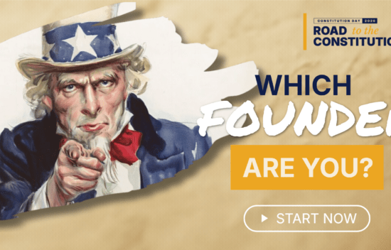Illustration of Uncle Sam pointing, inviting viewers to discover their connection to a Founding Father.