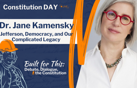 Promotional image for Constitution Day event featuring Dr. Jane Kamensky discussing Jefferson and democracy.