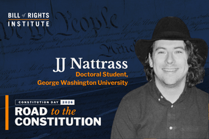 Image of JJ Nattrass, a doctoral student at George Washington University, with a backdrop of historical documents.