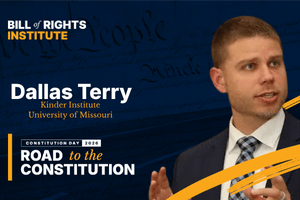 A speaker presenting at the Bill of Rights Institute event, titled "Road to the Constitution."