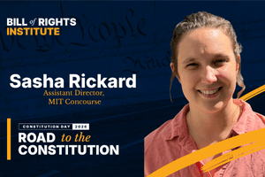Portrait of Sasha Rickard, Assistant Director at MIT Concourse, with "Road to the Constitution" text and a historical background.
