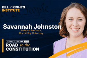 A smiling woman, Savannah Johnston, is an assistant professor at Utah Valley University, with a background of the Constitution.