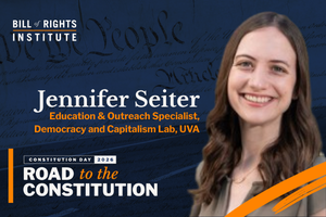 Portrait of Jennifer Seiter, Education and Outreach Specialist, with a background featuring a historical document.