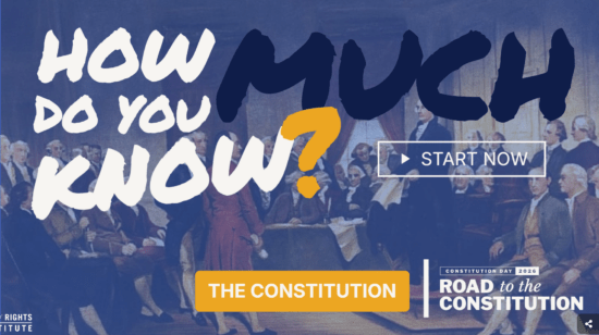 Graphic featuring text about the Constitution and a historical illustration of a meeting.