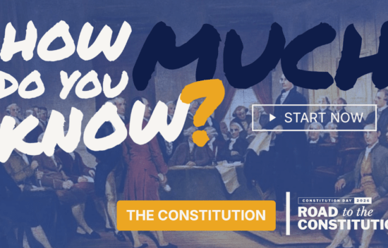 Graphic featuring text about the Constitution and a historical illustration of a meeting.