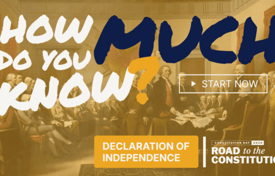 A historical image featuring a meeting discussing the Declaration of Independence, with bold text asking "How much do you know?"