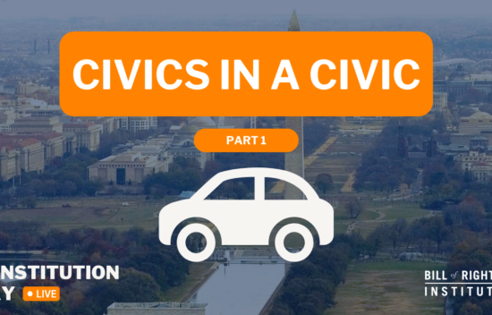 Graphic promoting "Civics in a Civic" event for Constitution Day, featuring a car icon and Washington D.C. background.