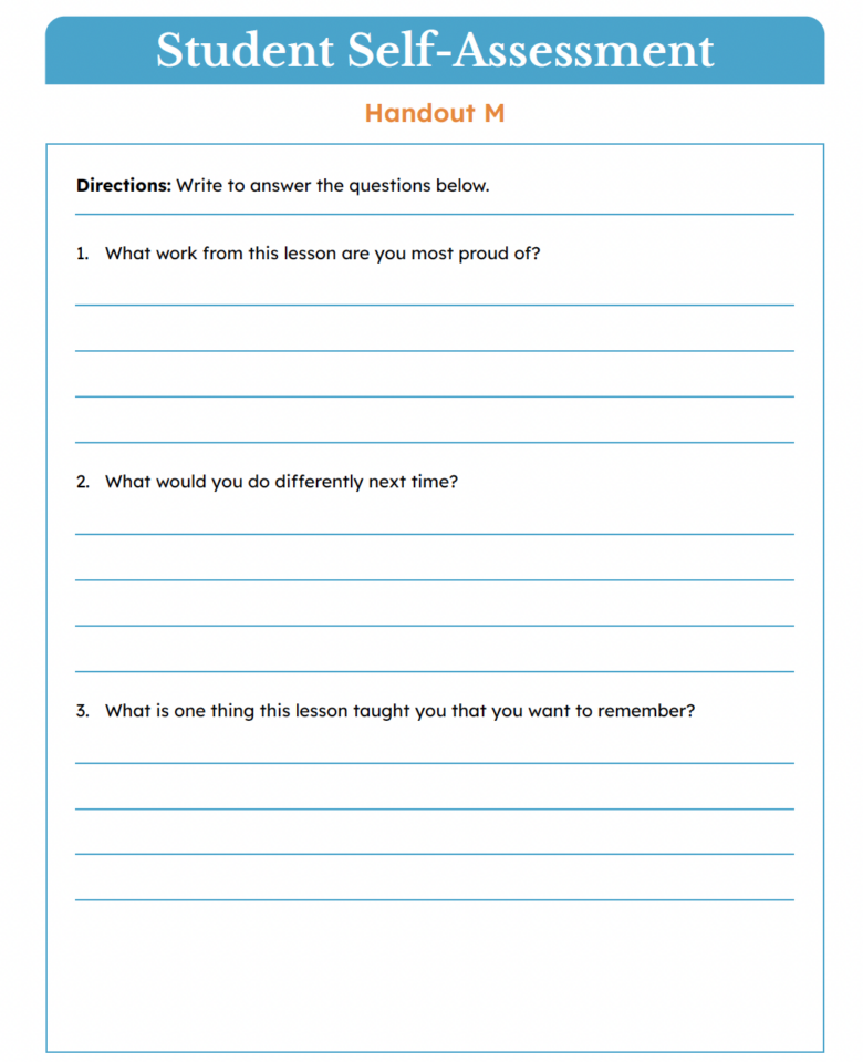 Worksheet with prompts for student self-assessment, including questions about achievements and lessons learned.